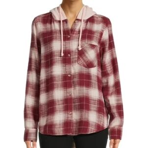 Time & Tru hooded flannel shirt button down maroon cream pink plaid pattern L